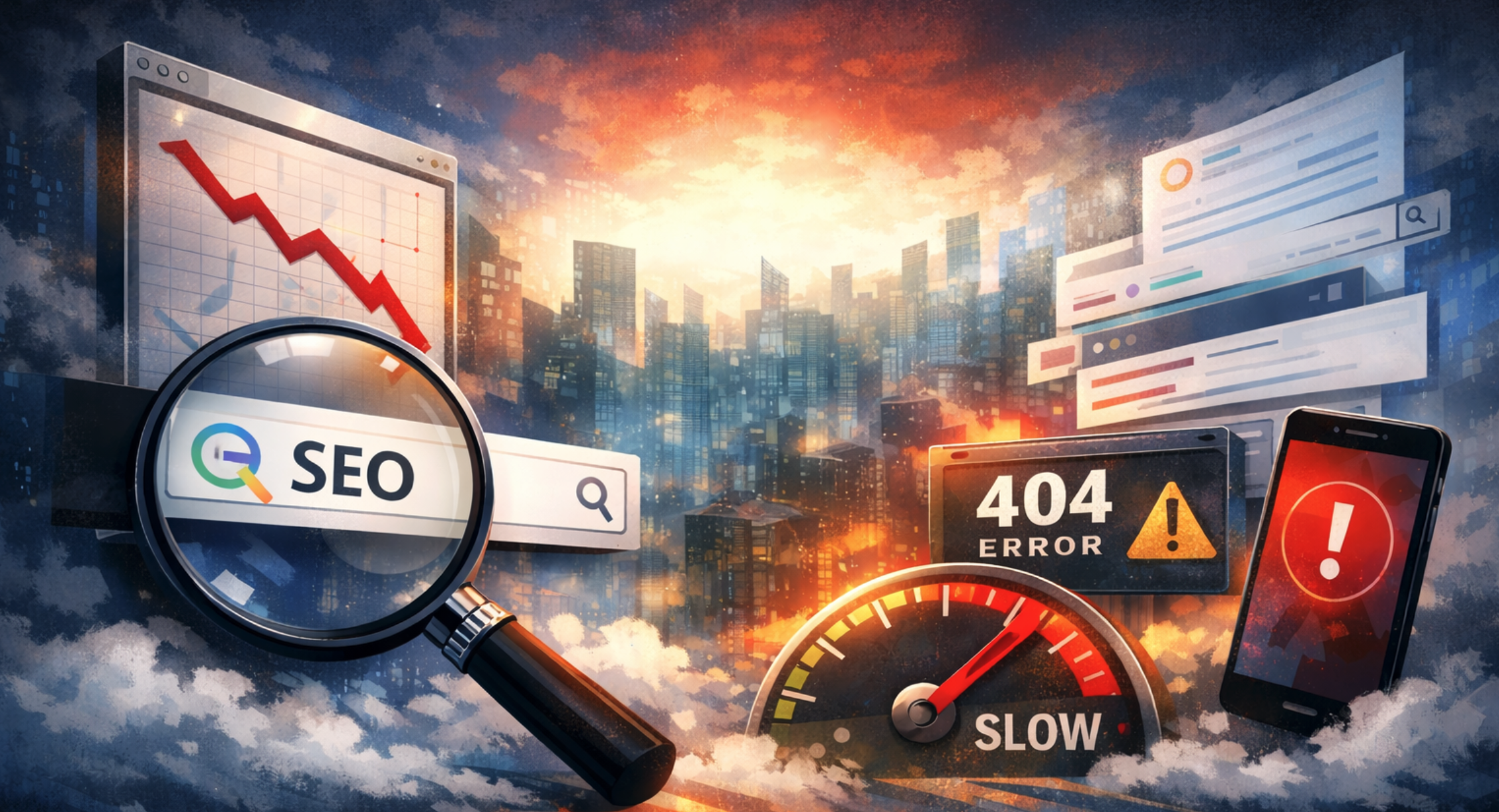 Illustration showing website SEO issues including slow load speed, broken pages, and search visibility problems